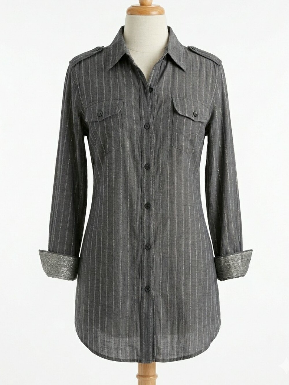 CHICO’S Metallic Silver Pinstripe Button Down Tunic Shirt Jacket Epaulettes Size - Picture 3 of 13